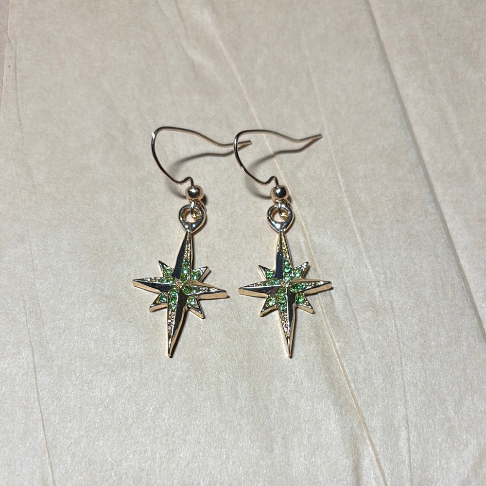 Gold Earrings with Green Starbursts